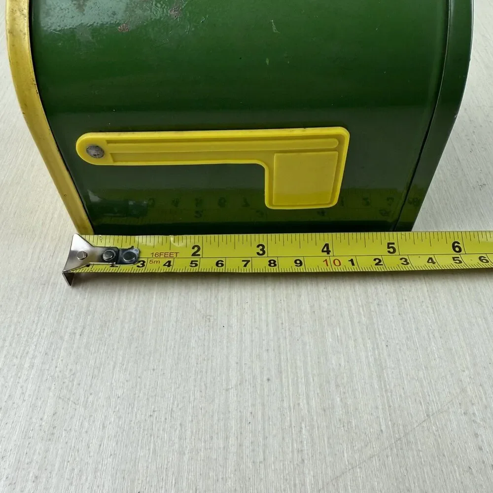 Vintage John Deere Metal Mailbox, Bank with Plastic Flag - ERTL, 5 1/4” D x 4” H